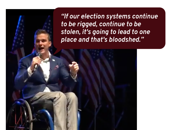 At a rally on August 29, 2021, Madison Cawthorn said: 'If our election systems continue to be rigged, continue to be stolen, it's going to lead to one place and that's bloodshed.'